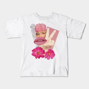 Pink Flower Power Lady Collage Art Kids T-Shirt